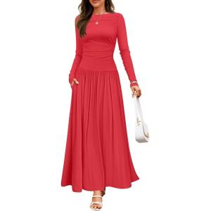 ZESICA Women’s Long Sleeve Fall Maxi Dress 2026 Crewneck Knit Casual Slim Swing Pleated Dresses with Pockets(Red)