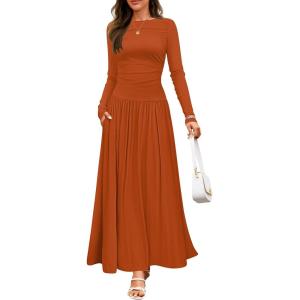 ZESICA Women’s Long Sleeve Fall Maxi Dress 2026 Crewneck Knit Casual Slim Swing Pleated Dresses with Pockets(Rust)