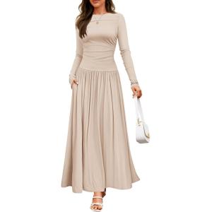ZESICA Women’s Long Sleeve Fall Maxi Dress 2026 Crewneck Knit Casual Slim Swing Pleated Dresses with Pockets(Sand)
