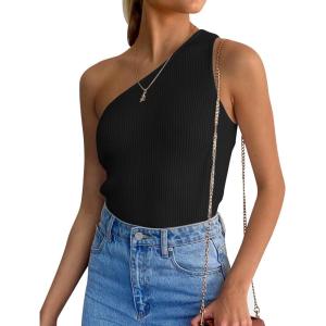 ZESICA Women’s One Shoulder Tank Summer Sleeveless T Shirt Ribbed Knit Slim Fit Sexy Casual Basic Tee Tops(Black)