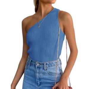 ZESICA Women’s One Shoulder Tank Summer Sleeveless T Shirt Ribbed Knit Slim Fit Sexy Casual Basic Tee Tops(Blue)