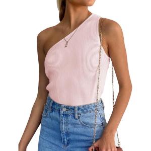 ZESICA Women’s One Shoulder Tank Summer Sleeveless T Shirt Ribbed Knit Slim Fit Sexy Casual Basic Tee Tops(Lightpink)