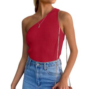 ZESICA Women’s One Shoulder Tank Summer Sleeveless T Shirt Ribbed Knit Slim Fit Sexy Casual Basic Tee Tops(Red)