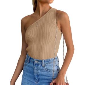 ZESICA Women’s One Shoulder Tank Summer Sleeveless T Shirt Ribbed Knit Slim Fit Sexy Casual Basic Tee Tops(Toffee)