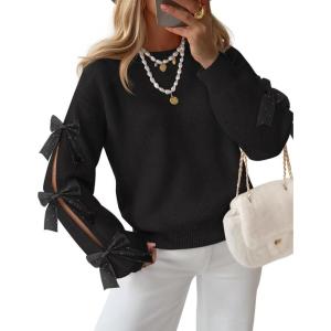 ZESICA Women’s Oversized Bow Sweaters Fall 2026 Cute Crewneck Long Sleeve Knit Pullover Sweater Jumper Tops(Black)