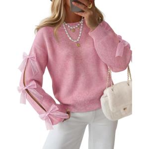 ZESICA Women’s Oversized Bow Sweaters Fall 2026 Cute Crewneck Long Sleeve Knit Pullover Sweater Jumper Tops(Pink)