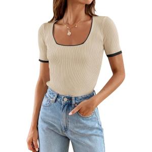 ZESICA Women’s Short Sleeve Square Neck Color Block T Shirt 2026 Summer Slim Fit Ribbed Knit Basic Tee Tops(Apricot)