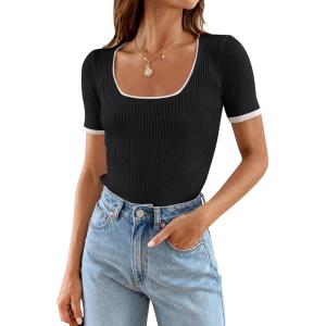 ZESICA Women’s Short Sleeve Square Neck Color Block T Shirt 2026 Summer Slim Fit Ribbed Knit Basic Tee Tops(Black)
