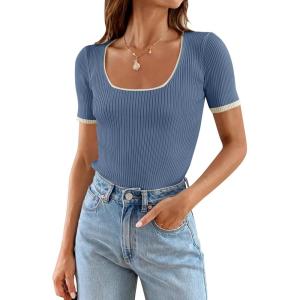 ZESICA Women’s Short Sleeve Square Neck Color Block T Shirt 2026 Summer Slim Fit Ribbed Knit Basic Tee Tops(Dustyblue)