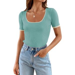 ZESICA Women’s Short Sleeve Square Neck Color Block T Shirt 2026 Summer Slim Fit Ribbed Knit Basic Tee Tops(Mint)