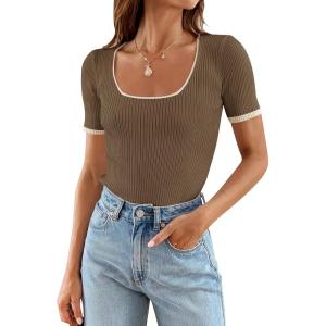 ZESICA Women’s Short Sleeve Square Neck Color Block T Shirt 2026 Summer Slim Fit Ribbed Knit Basic Tee Tops(Mocha)