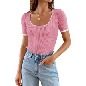 ZESICA Women’s Short Sleeve Square Neck Color Block T Shirt 2026 Summer Slim Fit Ribbed Knit Basic Tee Tops(Pink)