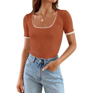 ZESICA Women’s Short Sleeve Square Neck Color Block T Shirt 2026 Summer Slim Fit Ribbed Knit Basic Tee Tops(Rust)