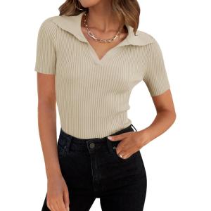 ZESICA Women’s Short Sleeve V Neck T Shirts 2026 Summer Ribbed Knit Slim Fitted Basic Solid Color Tee Tops(Almond)