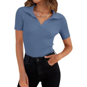 ZESICA Women’s Short Sleeve V Neck T Shirts 2026 Summer Ribbed Knit Slim Fitted Basic Solid Color Tee Tops(Dustyblue)