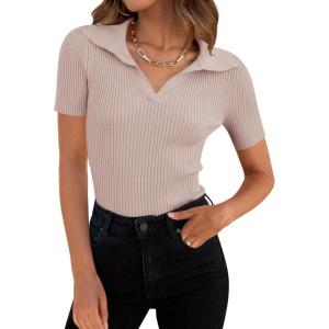 ZESICA Women’s Short Sleeve V Neck T Shirts 2026 Summer Ribbed Knit Slim Fitted Basic Solid Color Tee Tops(Dustypink)