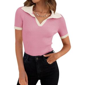 ZESICA Women’s Short Sleeve V Neck T Shirts 2026 Summer Ribbed Knit Slim Fitted Basic Solid Color Tee Tops(Pink)