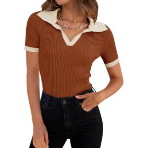 ZESICA Women’s Short Sleeve V Neck T Shirts 2026 Summer Ribbed Knit Slim Fitted Basic Solid Color Tee Tops(Rust)
