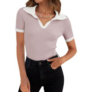 ZESICA Women’s Short Sleeve V Neck T Shirts 2026 Summer Ribbed Knit Slim Fitted Basic Solid Color Tee Tops(Taro)