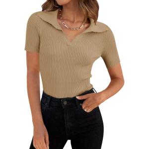 ZESICA Women’s Short Sleeve V Neck T Shirts 2026 Summer Ribbed Knit Slim Fitted Basic Solid Color Tee Tops(Toffee)