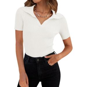 ZESICA Women’s Short Sleeve V Neck T Shirts 2026 Summer Ribbed Knit Slim Fitted Basic Solid Color Tee Tops(White)