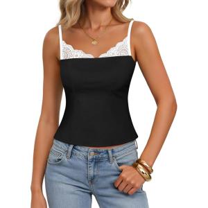 ZESICA Women’s Sleeveless Lace Camisole Tops Summer 2026 Spaghetti Strap Tank Top Y2k Sexy Going Out Trendy Shirts(Black)