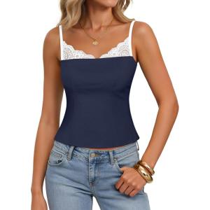 ZESICA Women’s Sleeveless Lace Camisole Tops Summer 2026 Spaghetti Strap Tank Top Y2k Sexy Going Out Trendy Shirts(Navy)
