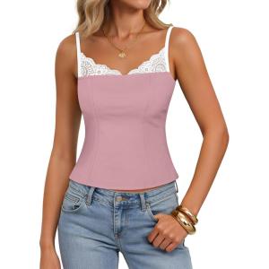ZESICA Women’s Sleeveless Lace Camisole Tops Summer 2026 Spaghetti Strap Tank Top Y2k Sexy Going Out Trendy Shirts(Pink)