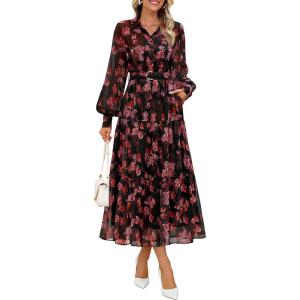 ZESICA Women’s Spring Floral Long Sleeve Maxi Dresses 2026 Casual Button Belted Chiffon Boho Wedding Guest Party Dress(Black)