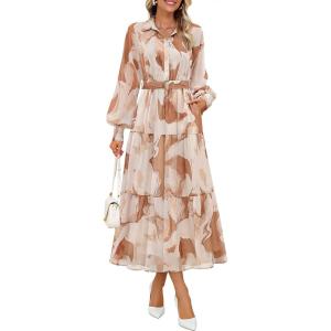 ZESICA Women’s Spring Floral Long Sleeve Maxi Dresses 2026 Casual Button Belted Chiffon Boho Wedding Guest Party Dress(Brown)