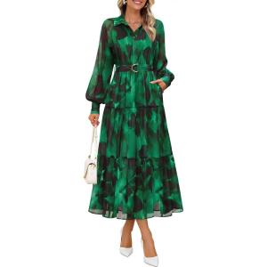 ZESICA Women’s Spring Floral Long Sleeve Maxi Dresses 2026 Casual Button Belted Chiffon Boho Wedding Guest Party Dress(Darkgreen)