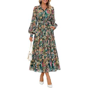 ZESICA Women’s Spring Floral Long Sleeve Maxi Dresses 2026 Casual Button Belted Chiffon Boho Wedding Guest Party Dress(Green)