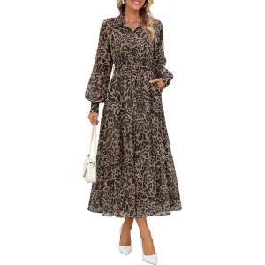 ZESICA Women’s Spring Floral Long Sleeve Maxi Dresses 2026 Casual Button Belted Chiffon Boho Wedding Guest Party Dress(Leopard)
