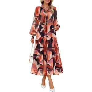 ZESICA Women’s Spring Floral Long Sleeve Maxi Dresses 2026 Casual Button Belted Chiffon Boho Wedding Guest Party Dress(Orange)