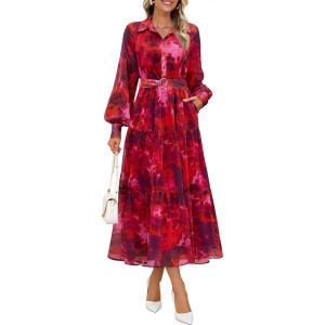 ZESICA Women’s Spring Floral Long Sleeve Maxi Dresses 2026 Casual Button Belted Chiffon Boho Wedding Guest Party Dress(Red)