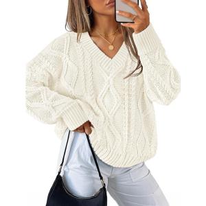 ZESICA Women’s Spring Oversized Sweaters 2026 Casual Long Sleeve V Neck Cable Knit Trendy Pullover Tops(Apricot)