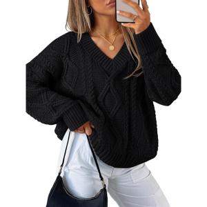 ZESICA Women’s Spring Oversized Sweaters 2026 Casual Long Sleeve V Neck Cable Knit Trendy Pullover Tops(Black)