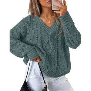 ZESICA Women’s Spring Oversized Sweaters 2026 Casual Long Sleeve V Neck Cable Knit Trendy Pullover Tops(Dustygreen)