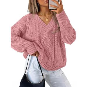 ZESICA Women’s Spring Oversized Sweaters 2026 Casual Long Sleeve V Neck Cable Knit Trendy Pullover Tops(Pink)