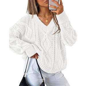 ZESICA Women’s Spring Oversized Sweaters 2026 Casual Long Sleeve V Neck Cable Knit Trendy Pullover Tops(White)