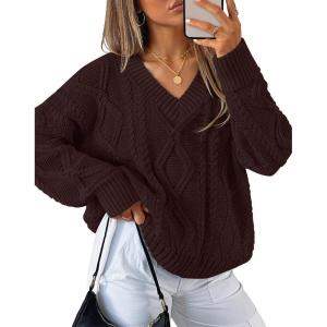 ZESICA Women’s Spring Oversized Sweaters 2026 Casual Long Sleeve V Neck Cable Knit Trendy Pullover Tops(Wine)