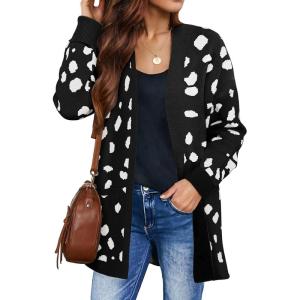 ZESICA Women’s Spring Winter Long Sleeves Open Front Leopard Print Knitted Sweater Cardigan Coat Outwear(A Black)