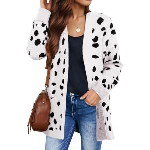 ZESICA Women’s Spring Winter Long Sleeves Open Front Leopard Print Knitted Sweater Cardigan Coat Outwear(A White)