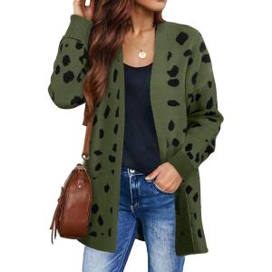 ZESICA Women’s Spring Winter Long Sleeves Open Front Leopard Print Knitted Sweater Cardigan Coat Outwear(Armygreen)