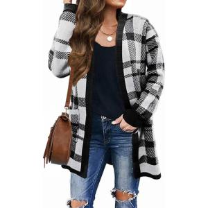 ZESICA Women’s Spring Winter Long Sleeves Open Front Leopard Print Knitted Sweater Cardigan Coat Outwear(Black Plaid)