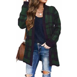 ZESICA Women’s Spring Winter Long Sleeves Open Front Leopard Print Knitted Sweater Cardigan Coat Outwear(Greenplaid)