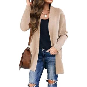 ZESICA Women’s Spring Winter Long Sleeves Open Front Leopard Print Knitted Sweater Cardigan Coat Outwear(Solid Beige)