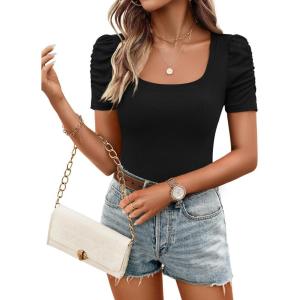 ZESICA Women’s Square Neck Puff Sleeve Tops 2026 Summer Ribbed Fitted Casual Work Business Basic T Shirts(Black)