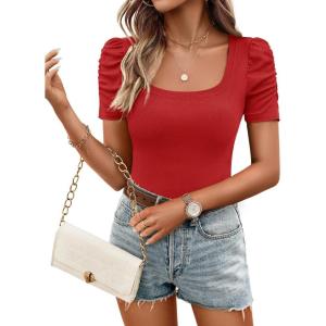 ZESICA Women’s Square Neck Puff Sleeve Tops 2026 Summer Ribbed Fitted Casual Work Business Basic T Shirts(Red)