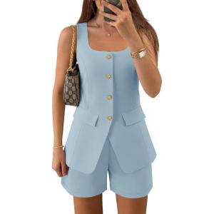 ZESICA Womens Summer 2 Piece Short Sets 2026 Suit Vest Tops Matching Set Business Casual Dressy Outfits(Lightblue)
